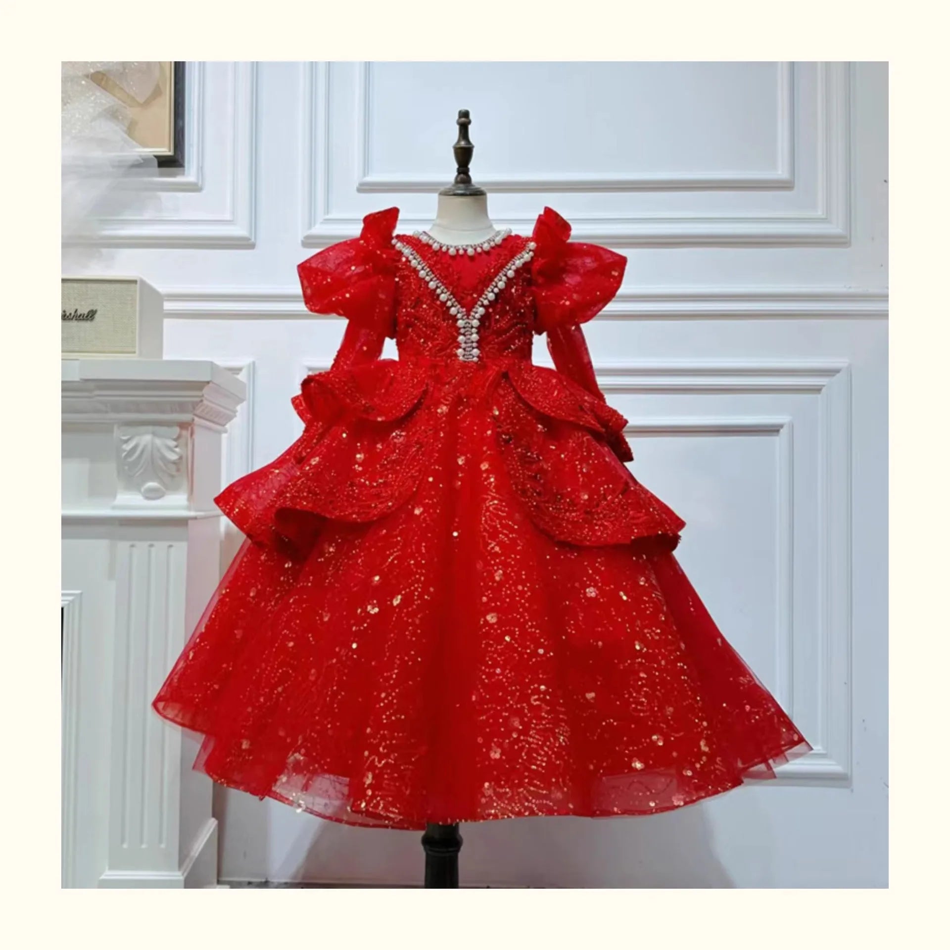 2025, Kinderkleid, Performance-Outfit, Mädchen, Blumenmädchen, Geburtstag, Prinzessinnenkleider, glitzernde Pailletten, bauschiges Kleid, rote Partykleidung für Kinder.