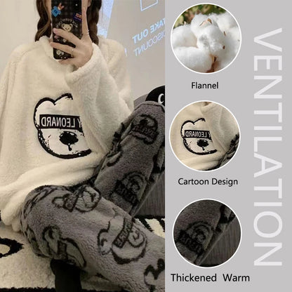 Thickened Warm Flannel Women Pajamas Tops and Trousers Sleepwear Homewear Fall and Winter Student Cartoon Bear Nightwear.