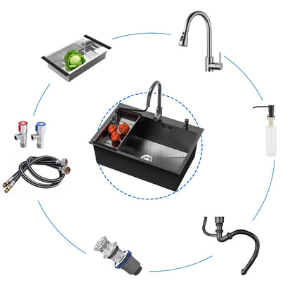 Schwarzes Küchenspüle, Einzelspüle aus Edelstahl, Ein-/Aufsatzspüle mit ausziehbarem Wasserhahn, mit mehreren Zubehörteilen
