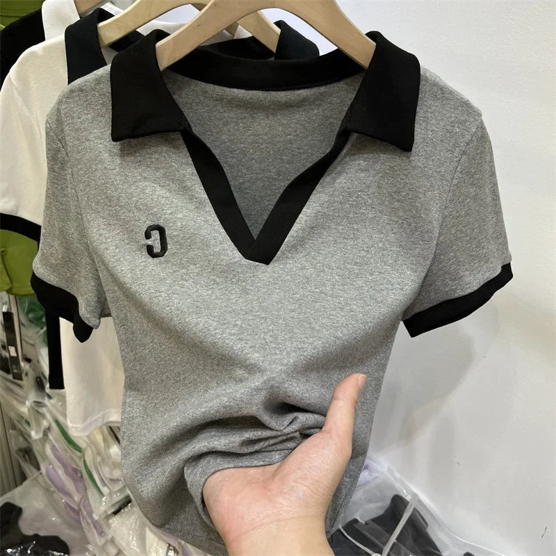 Summer Hot Sale Of The Season Women's Grey Short Sleeve Polo Neck T-Shirt Pure Cotton Slim Fit Base Shirt Trendy Top Quality Chi.