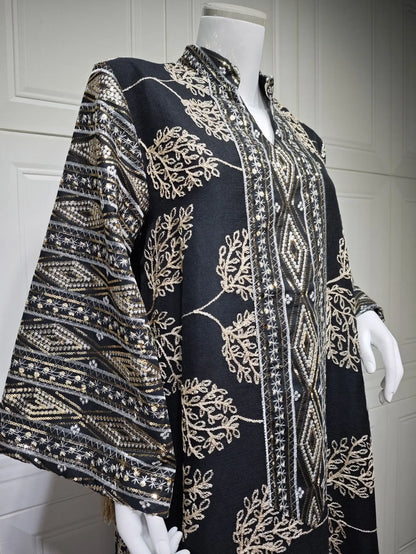 Muslim Women's Light Blue Islamic Embroidered Abaya with Gold Detailing Ideal for Formal Events in Middle East like UAE Saudi.