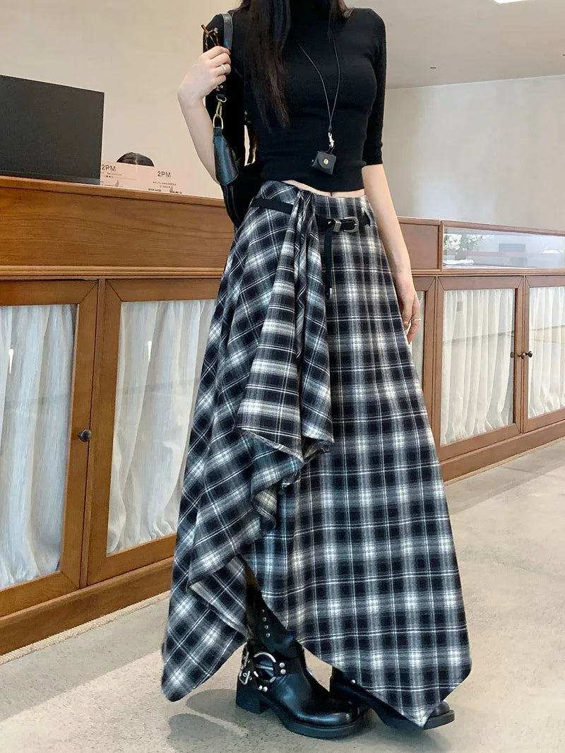 MEXZT Vintage Plaid Woolen Midi Skirt Women Y2K Harajuku Belt Asymmetrical Skirts Winter Gyaru Grunge Korean Design Faldas New.