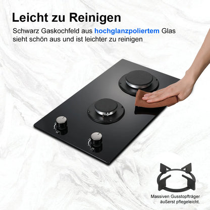 30cm Glass Gas Hob 2400W/1800W Dual Gas (Natural/Propane) Auto Flame Safety 2 LED Bulbs Built-in or Freestanding 220-240V CE.