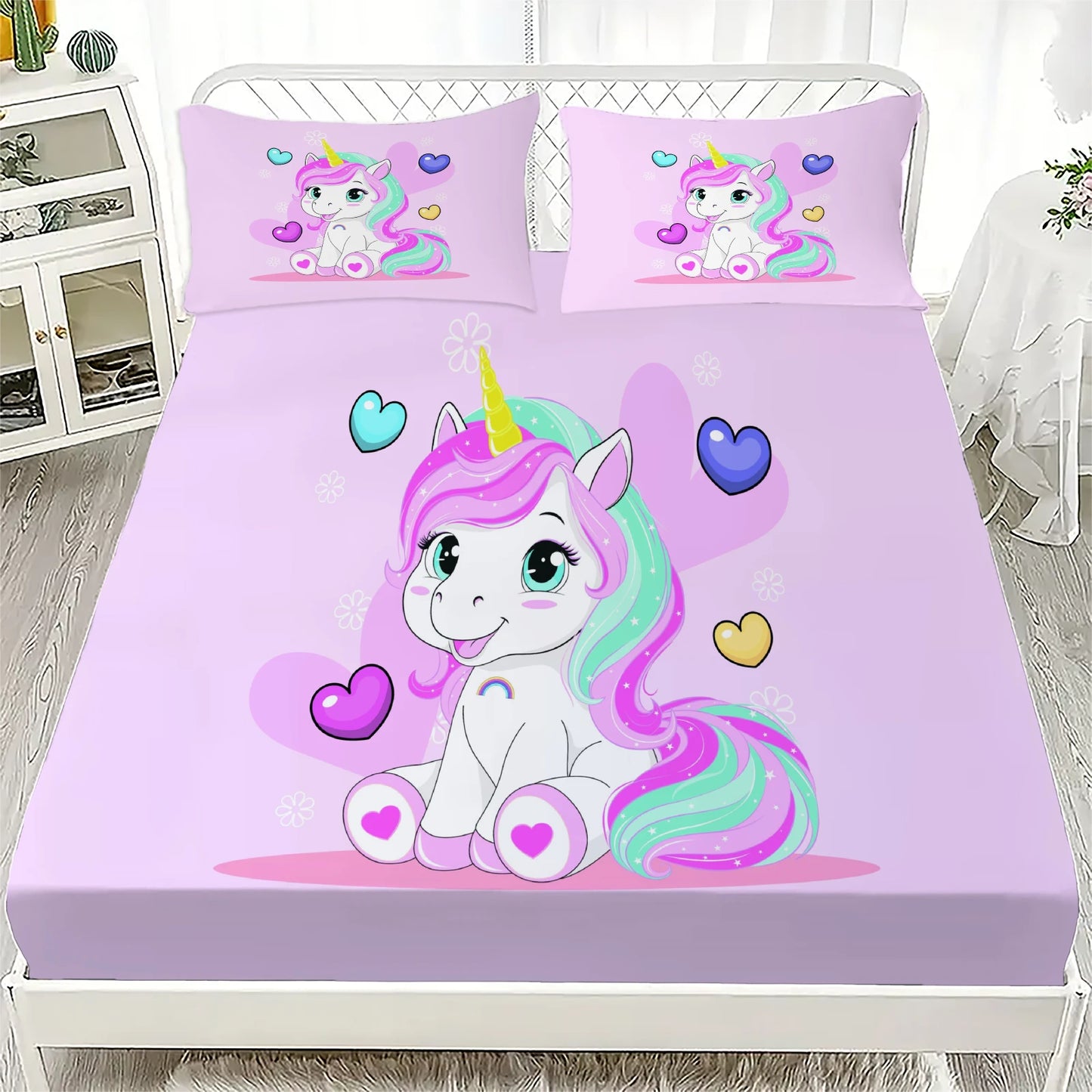 3D Fitted Sheets Set Unicorn Pattern Cute Bedding Set Printed With 1/2 Pillowcases Customized For Boys And Girls Kids Decorate.