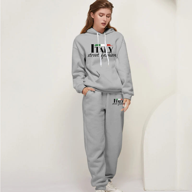 Womens Pants Suit Print Casual Hooded Sweatshirt Set Sports Jogging Woman Clothing AutumnWinter Office Home Tracksuit Street y2k.