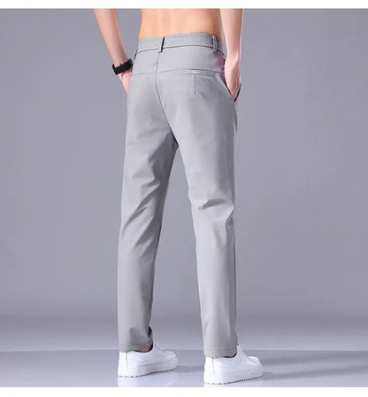 Ultra-thin Elastic Men's Casual Trousers Summer Quick-drying Ice Silk Slim Straight Business Solid Color Trousers Black Gray.
