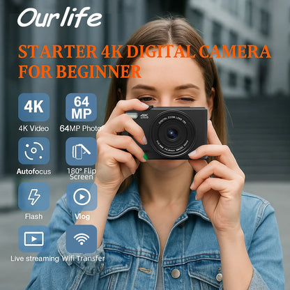 Ourlife AC600 Digital Camera 4K 64MP UHD Cameras 18X Digital Zoom 180° Flip Screen Vintage Vlogging Camera for YouTube Autofocus.