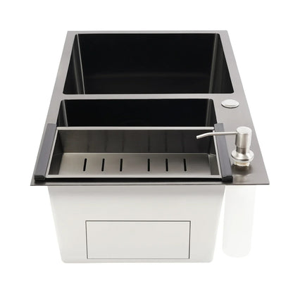 Rainaut Küchenspüle aus Edelstahl 304, Doppelschüssel-Einbaumkorb mit Abtropffläche + Seifenspender, rechteckige Spüle, 78 x 43 x 22 cm