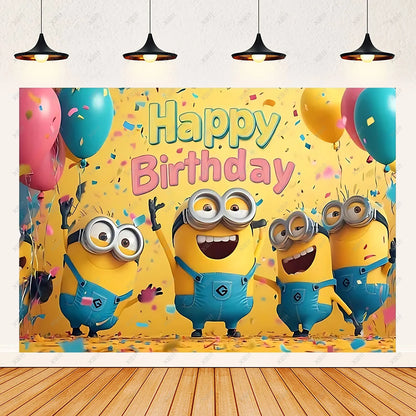 Cartoon M & Minions Geburtstag Party Dekoration Einweg Geschirr Tasse Teller Tischdecke Luftballons Gelb Große Augen Hintergrund Banner.