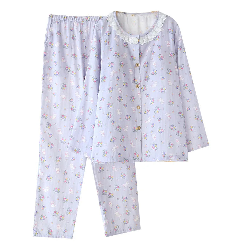 Spitzen-Design, Rundhals-Pyjama-Set aus Baumwolle, doppellagig, Gaze, für Damen, vier Jahreszeiten, dünne, langärmelige Hosen, Strickjacken, Kleidung.