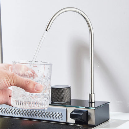 Wasserfall-Küchenspüle aus Edelstahl 304, großes Einzelschlitz-Wasserhahn-Set mit integrierter Digitalanzeige, Seifenspender, 75 x 45 cm