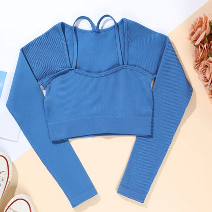 Women Screw Thread Small Sling Long Sleeve Fitness Crop Top Running Slim Fit Comfortable Sports Yoga Casual Fashion Tops.