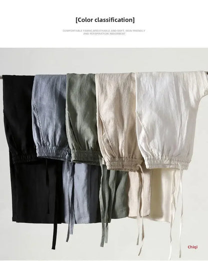 Casual Men's Linen Pants Loose Fit Cotton Linen 3/4 Length Pants Chinese Style Men's Material.