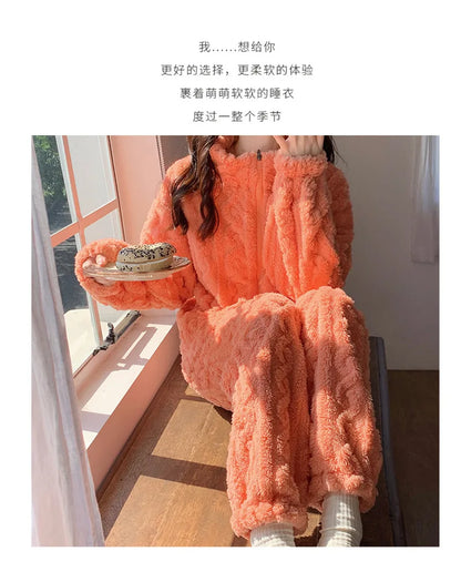 Große Größe Flanell Pyjama Set Herbst Winter Weibliche Nachtwäsche Hosen Anzug Verdicken Korallen Fleece Hohe Kragen Lounge Tragen Homewear