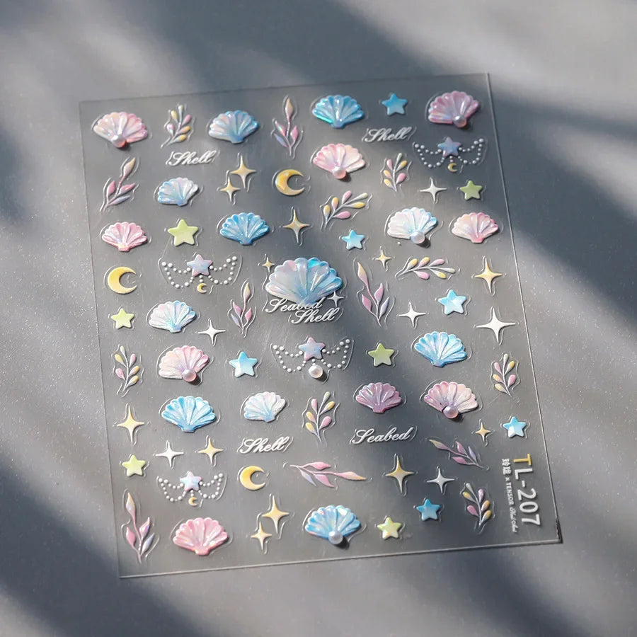 Ocean Theme 5D Nail Sticker Summer Beach Seashells Starfish Conch Scallop Shell Coral Self Adhesive Decoration Manicure Decal