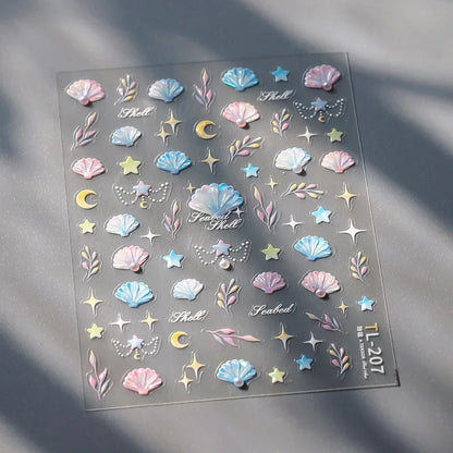 Ocean Theme 5D Nail Sticker Summer Beach Seashells Starfish Conch Scallop Shell Coral Self Adhesive Decoration Manicure Decal