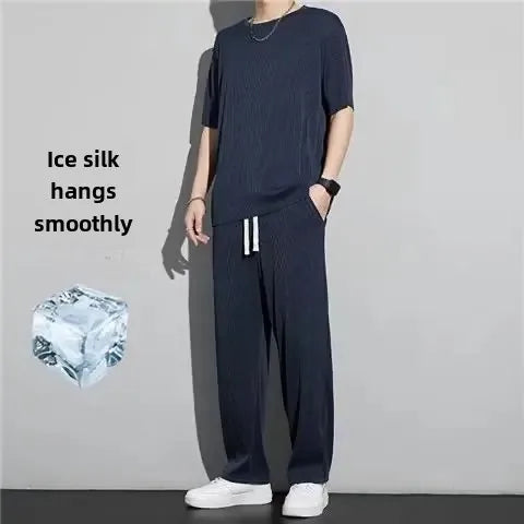 High-End Ice Silk Men's Sports Suit Casual Home Use Long Pants Short Sleeves Quick Drying Top Set Summer Collection.