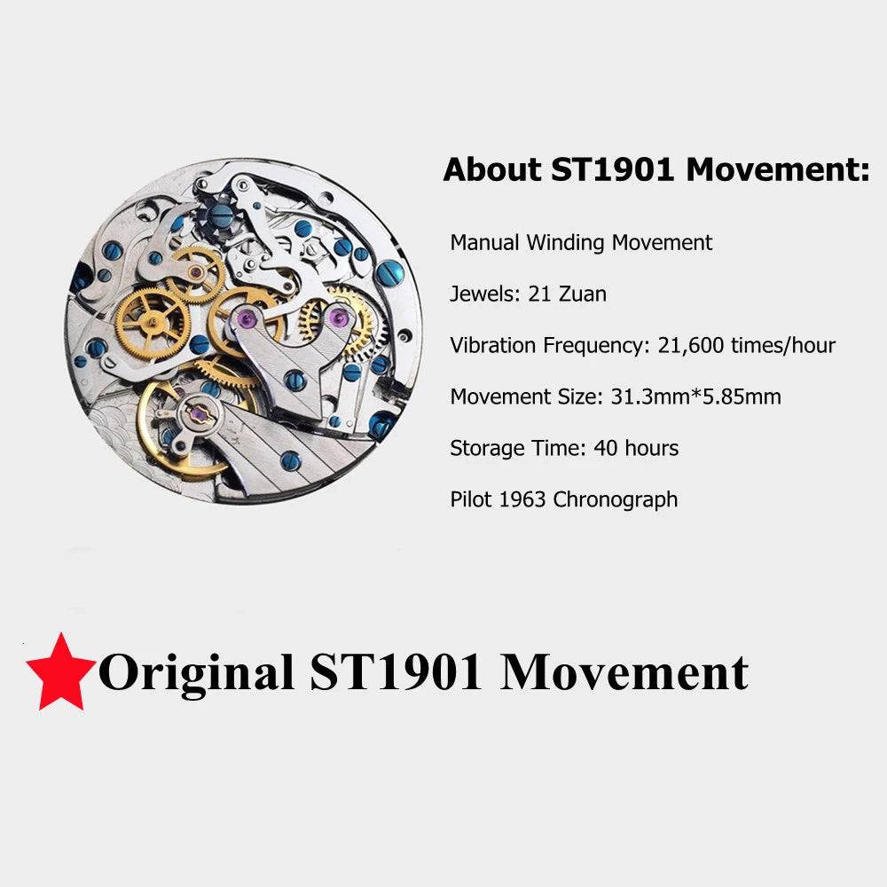 RED STAR 38mm Men's 1963 Chronograph Mechanical Watch Pilot with Seagull Movement ST1901 Air Force Aviation Sapphire Goose 40mm.