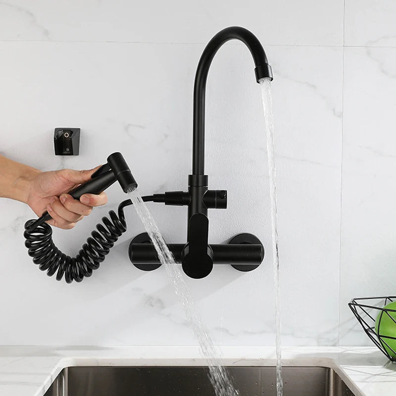 Kitchen Faucet With Spray Gun Wall Mounted Hot Cold Water Mixer Tap Rotatable Faucets Dual Water Mode No Dead corner Cleaning