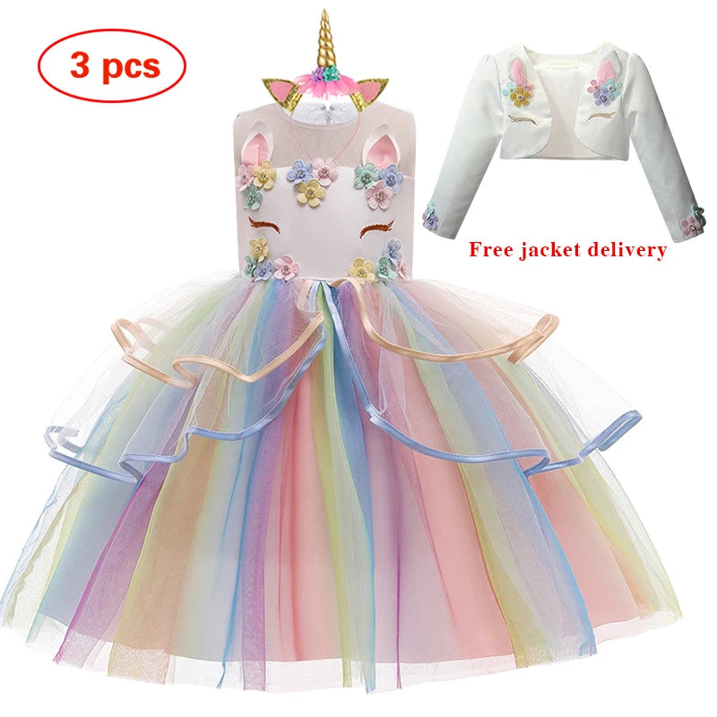 2023 Neues Regenbogen-Einhorn-Kleid für Mädchen, besticktes Tanzkleid, Halloween-Performance-Kleidung, Kinderkleidung, 3–10 Jahre alt.