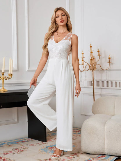 Sexy V-neck White Chiffon Lace Romper Wide Leg Wedding Party Banquet Women's Cross-border Clothing Lace Long Pants.