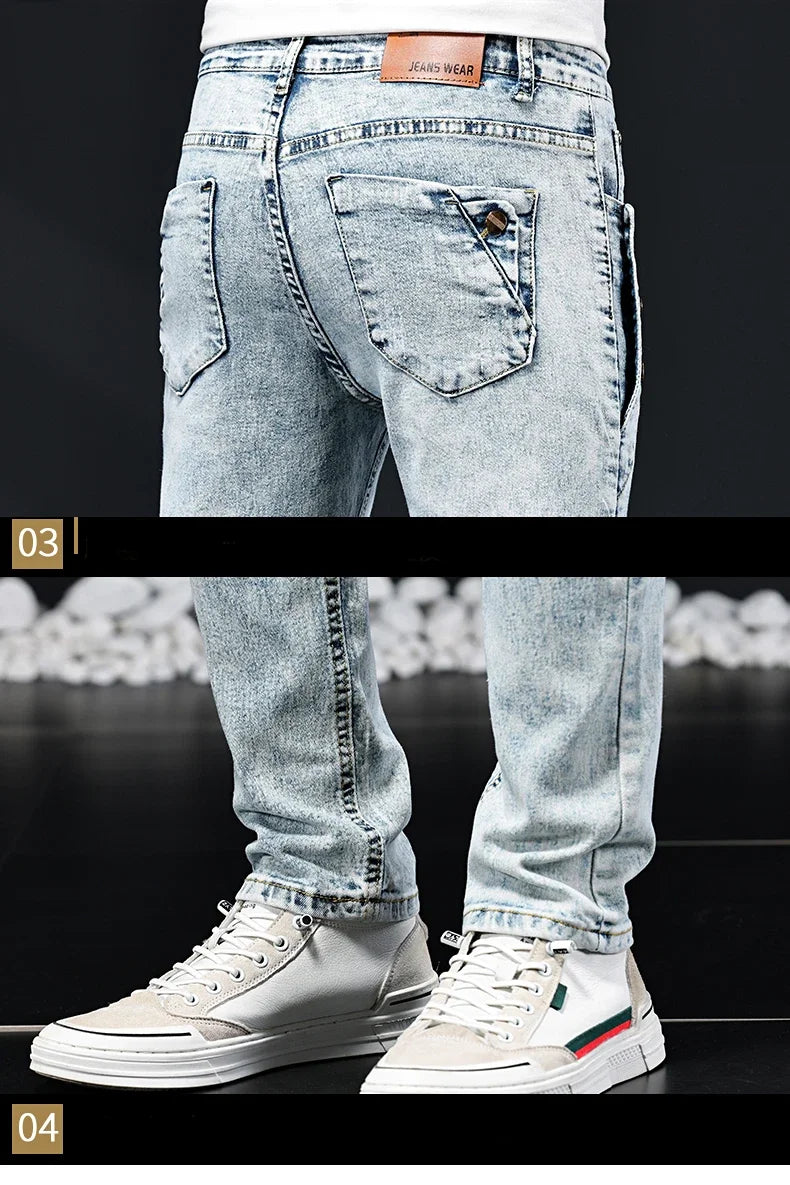 Slim Skinny Jeans Men New Elastic Korean Design Fashion Multi-Button Blue White Vintage Wash Cotton Stretch Denim Pants Trousers