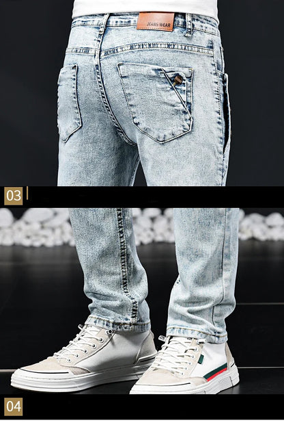 Slim Skinny Jeans Men New Elastic Korean Design Fashion Multi-Button Blue White Vintage Wash Cotton Stretch Denim Pants Trousers