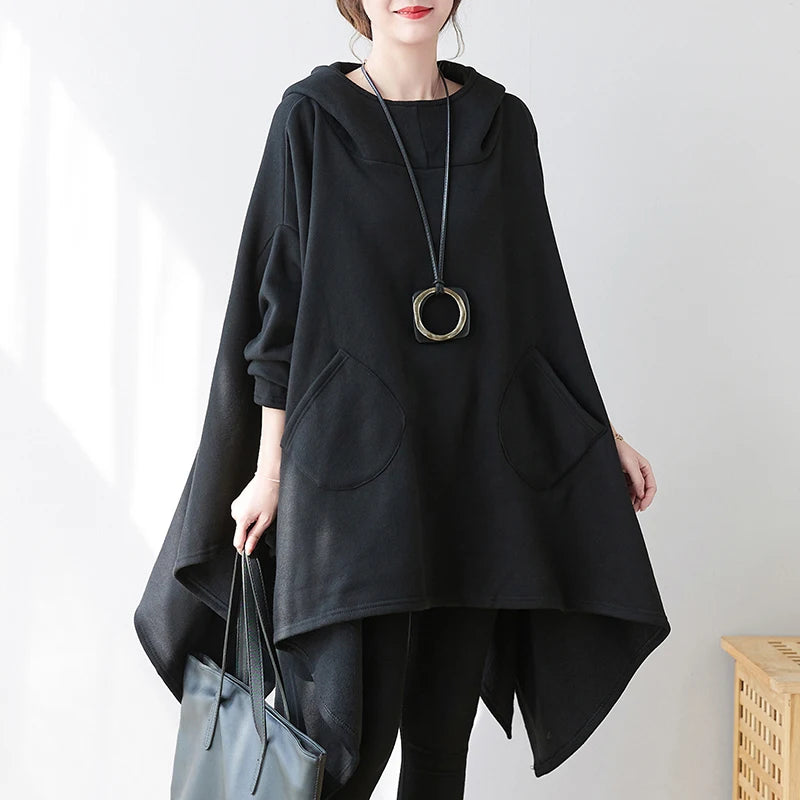 #3342 Black Cape Hoodie Woman Batwing Sleeve Loose Asymmetrical Hoodies Sweatshirts Pockets Thick Long Hooded Sweatshirt Femme.