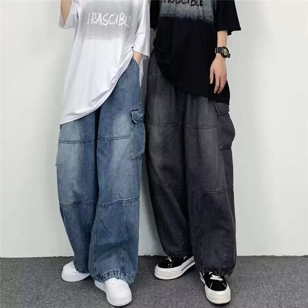 Japanese Vintage Wide-leg Pocket Cargo Pants Men's Autumn/winter New Trendy Brand Ins Unisex Loose Fit Straight Leg Jeans.