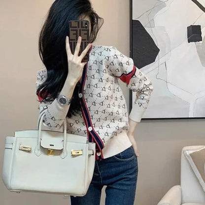 Women Knitwear Fashion Letter Jacquard Thin Cardigan Spring Slim Y2K V-neck Long Sleeve Tops Commute Vintage Sweaters.