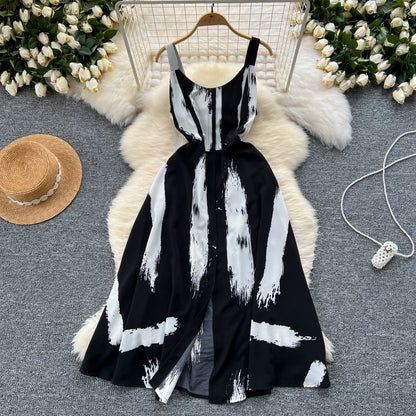 Neue Sommer Druck Süße Kleid Träger O Neck Backless Split Elegante Damen Urlaub Strand Party Midi Sommerkleid