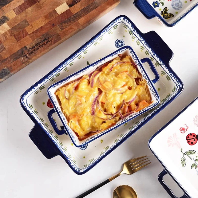 Rectangular/elliptical Double Ear Plate Cheese Baked Rice Tray Ceramic Baking Tray Oven Household Large Square Plate Tableware.