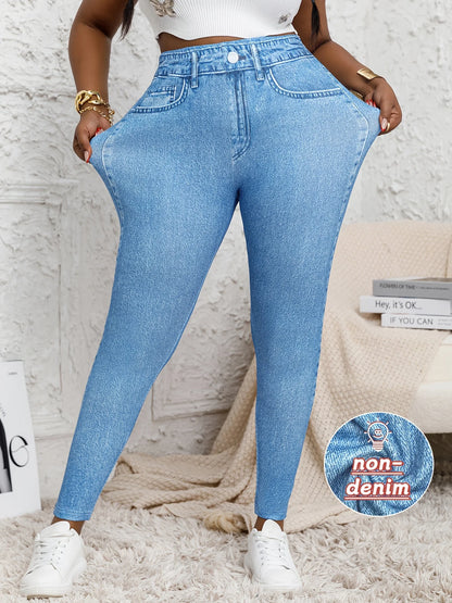 Plus Size High Waisted Skinny Jeans Faux Denim Printed Stretch Leggings Distressed Effect Women's Comfortable Fit Stretchy Pants.