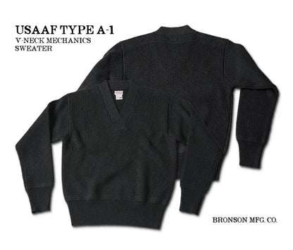Bronson WWII USAAF Type A-1 Mechanic Sweater Men Heavyweight V-Neck Knit Jumper