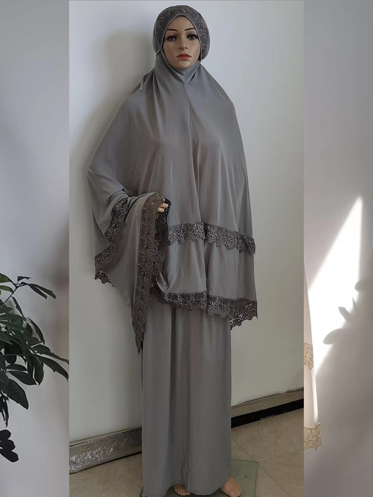 Ramadan  Long Khimar Muslim Abaya Women Prayer Garment Saudi Prayer Dress Lace Trim Silky 2 Piece Skirt Sets Eid Niqab jilbab.