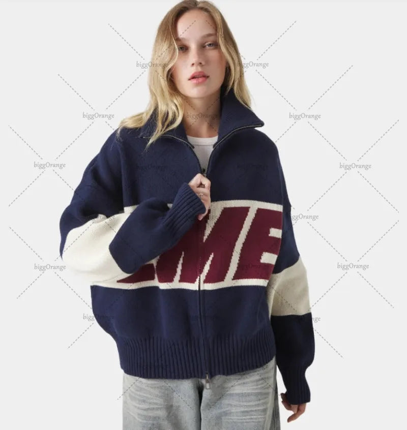 Autumn/winter Streets Casual Loose Retro Embroidered Top Hip-hop Oversized Sweater American Fashion Brand Zipper Cardigan Unisex.