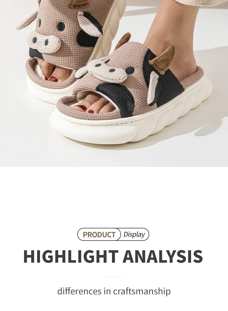 Shevalues Plush Cartoon Milk Cow Slippers Winter Women Slippers Furry Non-Slips Women Cotton Slides Couples Soft Cozy Flat Shoes