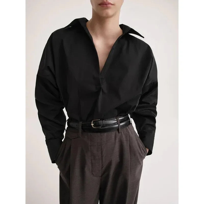 LUXURY Women's Vertical Striped Shirt, Short Front and Back, Short, Vertical Striped Shirt, Loose Long Sleeve, Commuter Style.