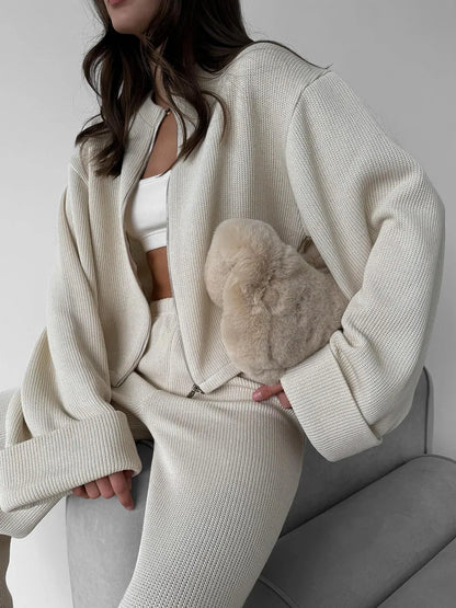 Knit Women 2 Piece Outfit Round Neck Zipper Loose Cuffs Cropped Coat For Lady Sporty Elatic Waist Autumn Female Wide Leg Pants
