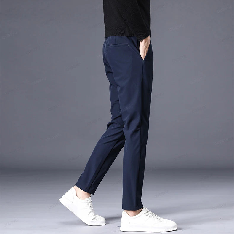 Autumn Winter Casual Pants Men Thick Business Stretch Slim Elastic Waist Jogger Outdoors Korean Classic Grey Black Trousers Male.