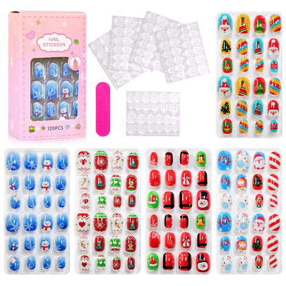 120Pcs Children's Press on Nails Kids Cartoon Acrylic Fake Nails Tips Kawaii Girl Full Cover Short False Nails With Jelly Glue#@