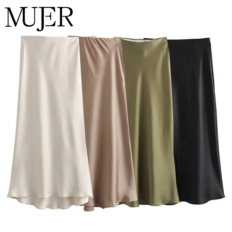 MUJER Woman 2025 Satin Skirt Women High Waist Long Skirts For Women Summer Black Midi Skirt Woman Office Elegant Women's Skirts.