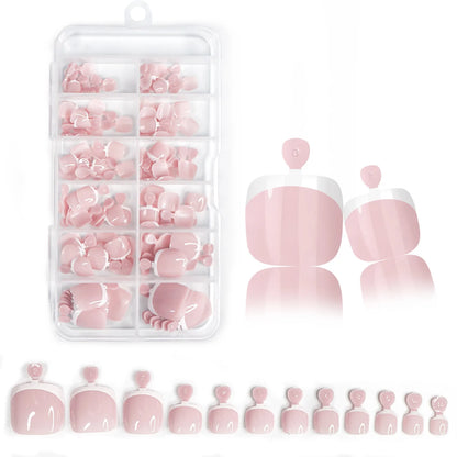 120Pcs Glossy Nude Pink French Press-On-Toenail Set 1*Box Short French Square  Fake Toe Nails Solid-Color Manicure Toenails Tips.