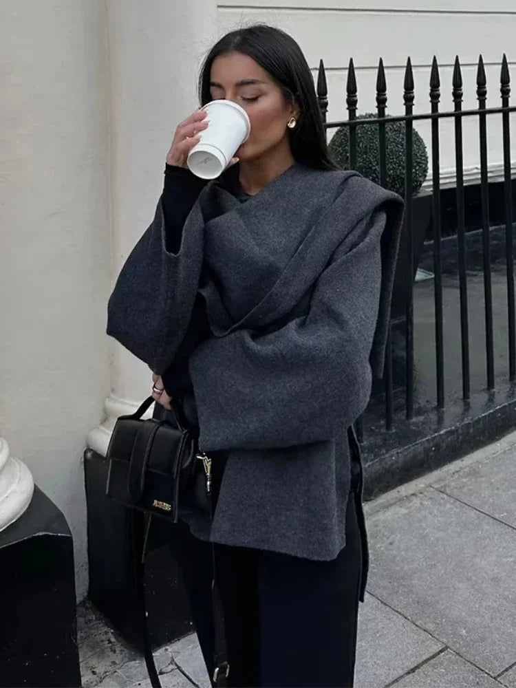 ZBZA Women's Asymmetric Scarf Knitted Jacket O-neck Single Button Side Slit Solid Loose Coat Winter New Female Chic Outerwear.