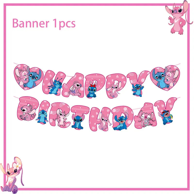 Disney Rosa Stich Geburtstag Party Dekorationen Geschirr Set Tischdecke Hintergrund Banner Für Kinder Geburtstag Dekorationen Lieferungen