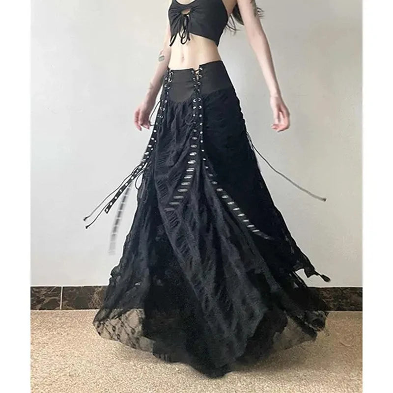MEXZT Y2K Lace Mesh Long Skirt Women Harajuku Vintage Patchwork Bandage Black Skirts Gothic Aesthetic High Waist Chic Faldas New.