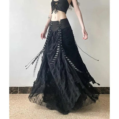 MEXZT Y2K Lace Mesh Long Skirt Women Harajuku Vintage Patchwork Bandage Black Skirts Gothic Aesthetic High Waist Chic Faldas New.