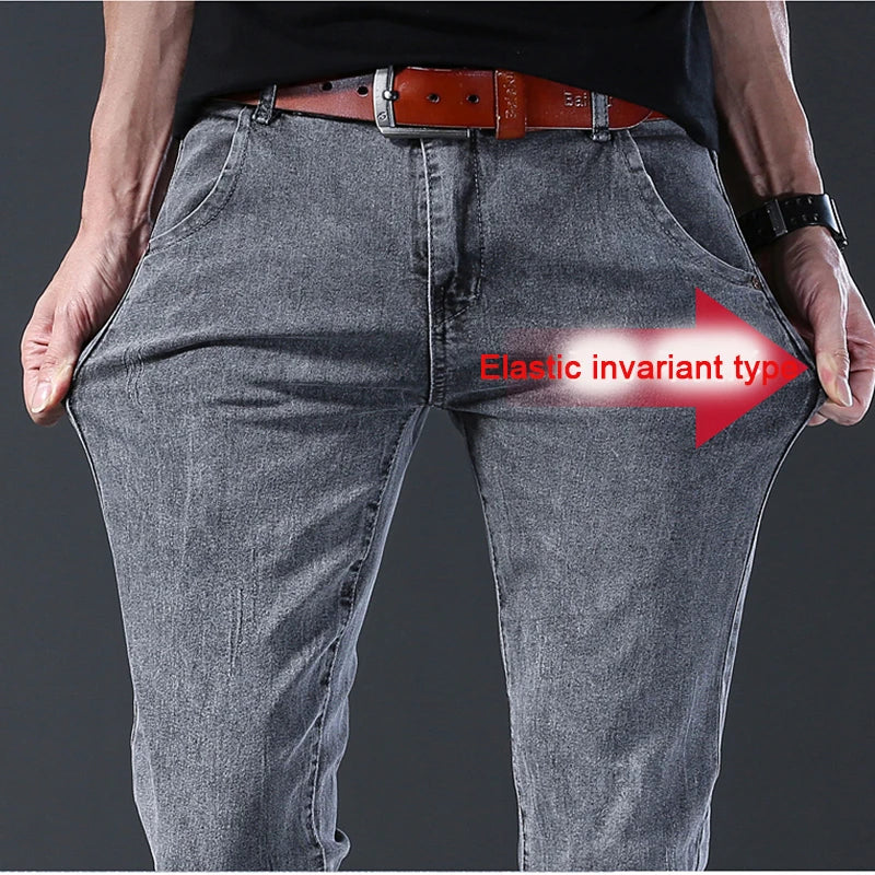 New style jeans, men's slim fit, Korean style comfortable straight leg elastic gray mid waist pants, men's casual denim pants.