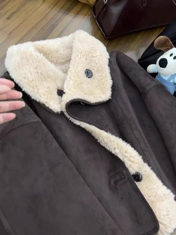 Dicke Lamm Warme Jacke für Frauen Winter Mode Doppelseitige Tragen Warme Pelz Mäntel Bf Koreanische Lose Einreiher Revers outwear.