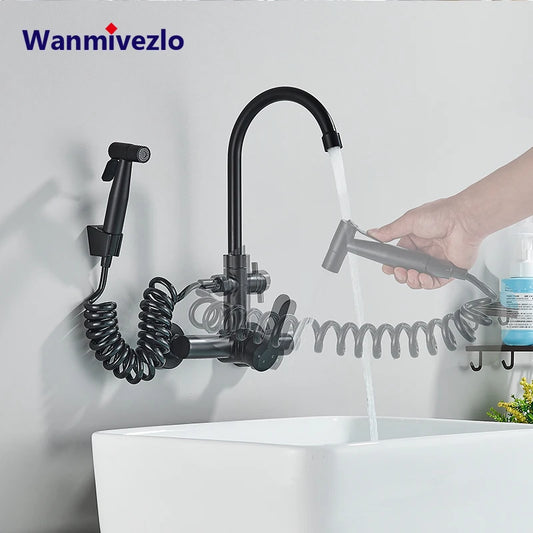 Kitchen Faucet With Spray Gun Wall Mounted Hot Cold Water Mixer Tap Rotatable Faucets Dual Water Mode No Dead corner Cleaning